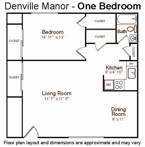 Floor plan for 1 bed, 1 bath